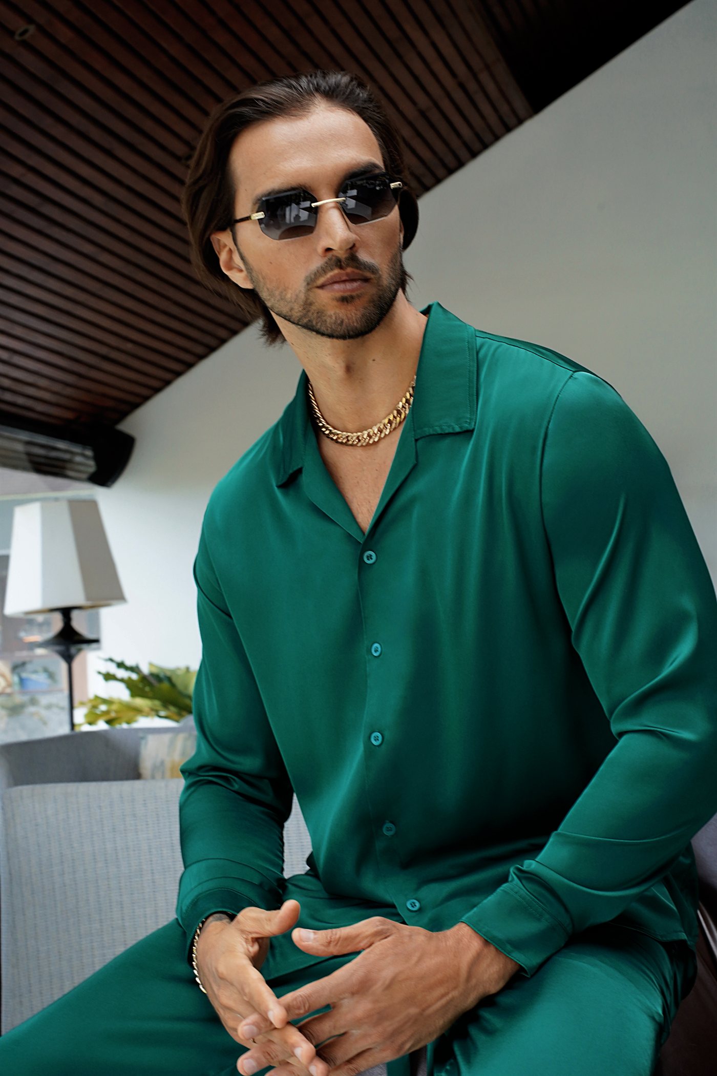 “Luxe Breeze” Shirt — Satin — Emerald