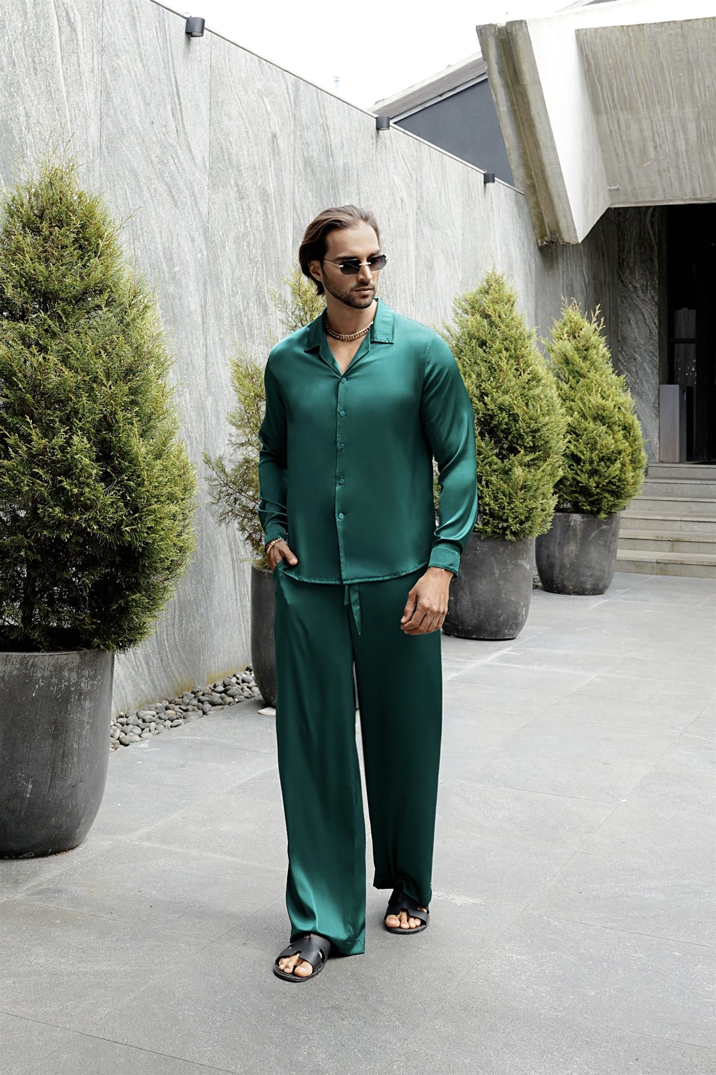 “Luxe Breeze” Trousers — Satin — Emerald