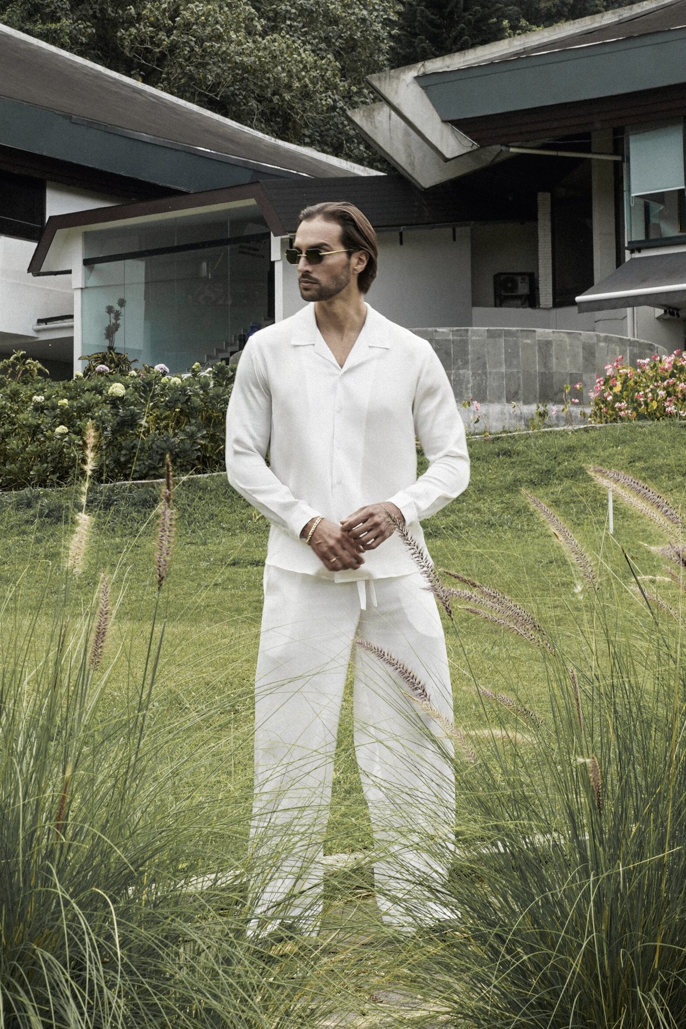 “Luxe Breeze” Trousers — Satin — White with texture