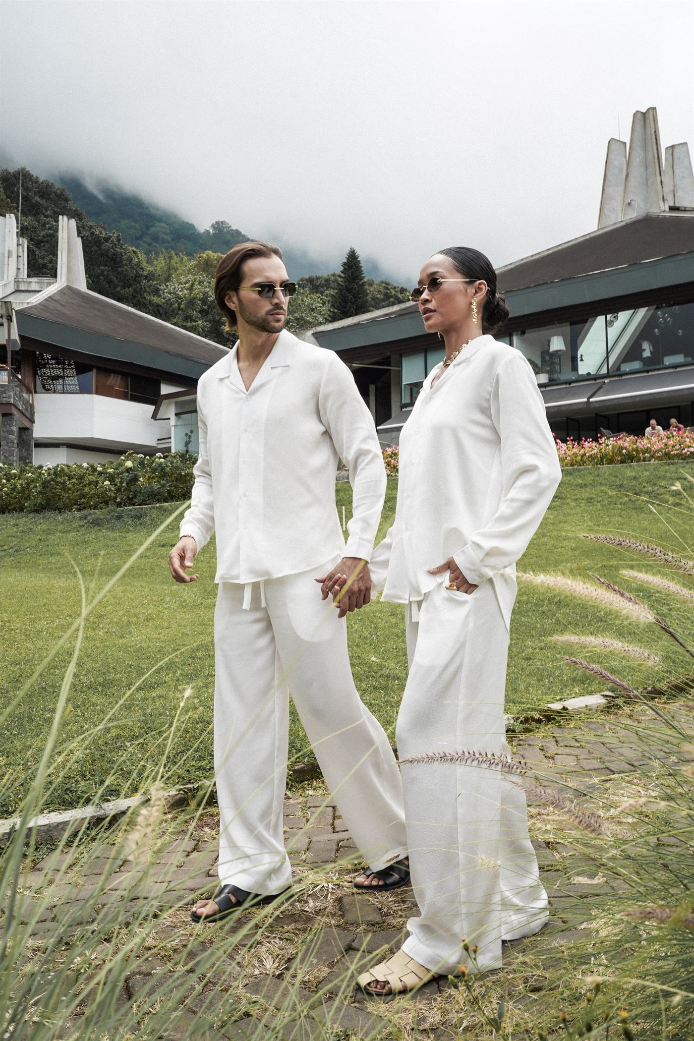 “Luxe Breeze” Trousers — Satin — White with texture